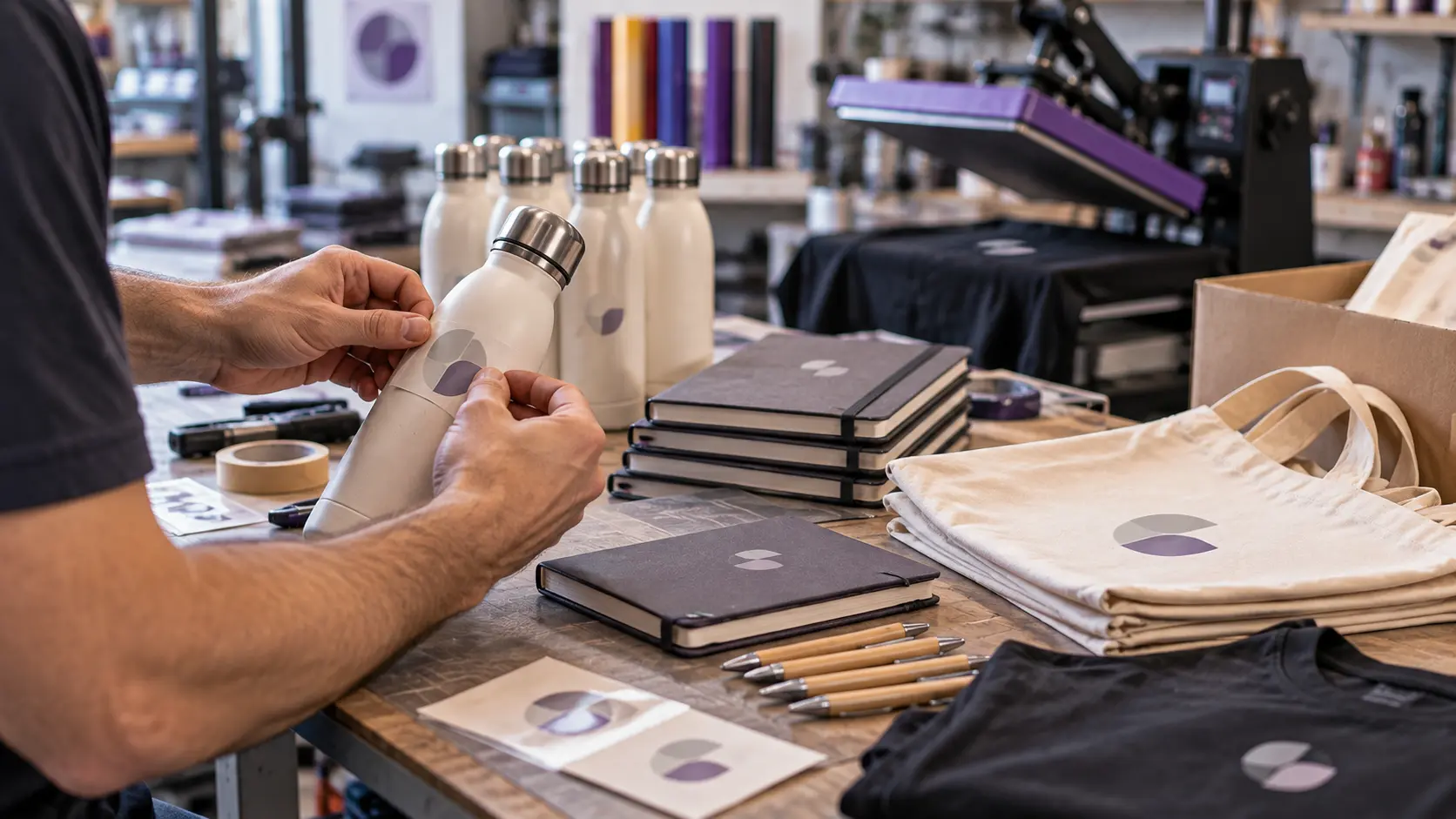 Personalización de regalos de empresa en taller gráfico con botellas, libretas y bolsas textiles durante el proceso de producción.