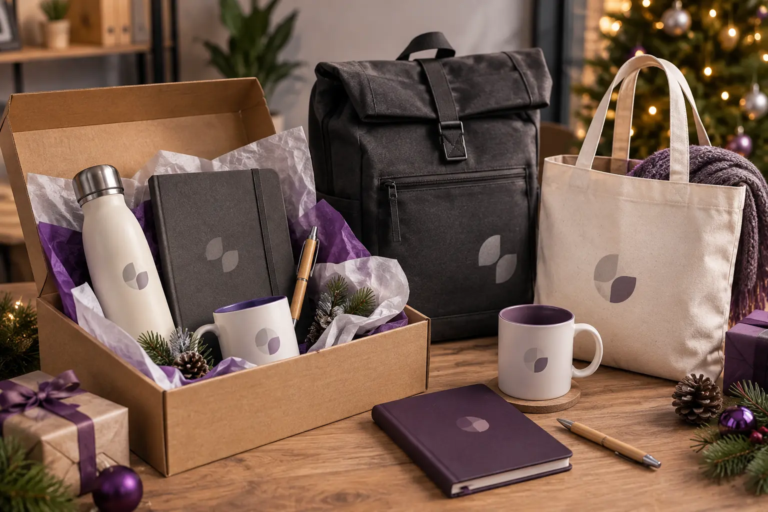 Regalos de Navidad personalizados con mochila, bolsa de tela, botella, tazas, libretas y bolígrafos con imagen corporativa.