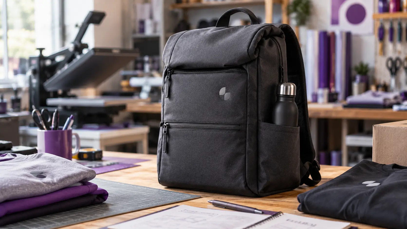 Mochila de tejido gris oscuro con personalización corporativa discreta mediante logotipo pequeño, fotografiada en un taller gráfico.