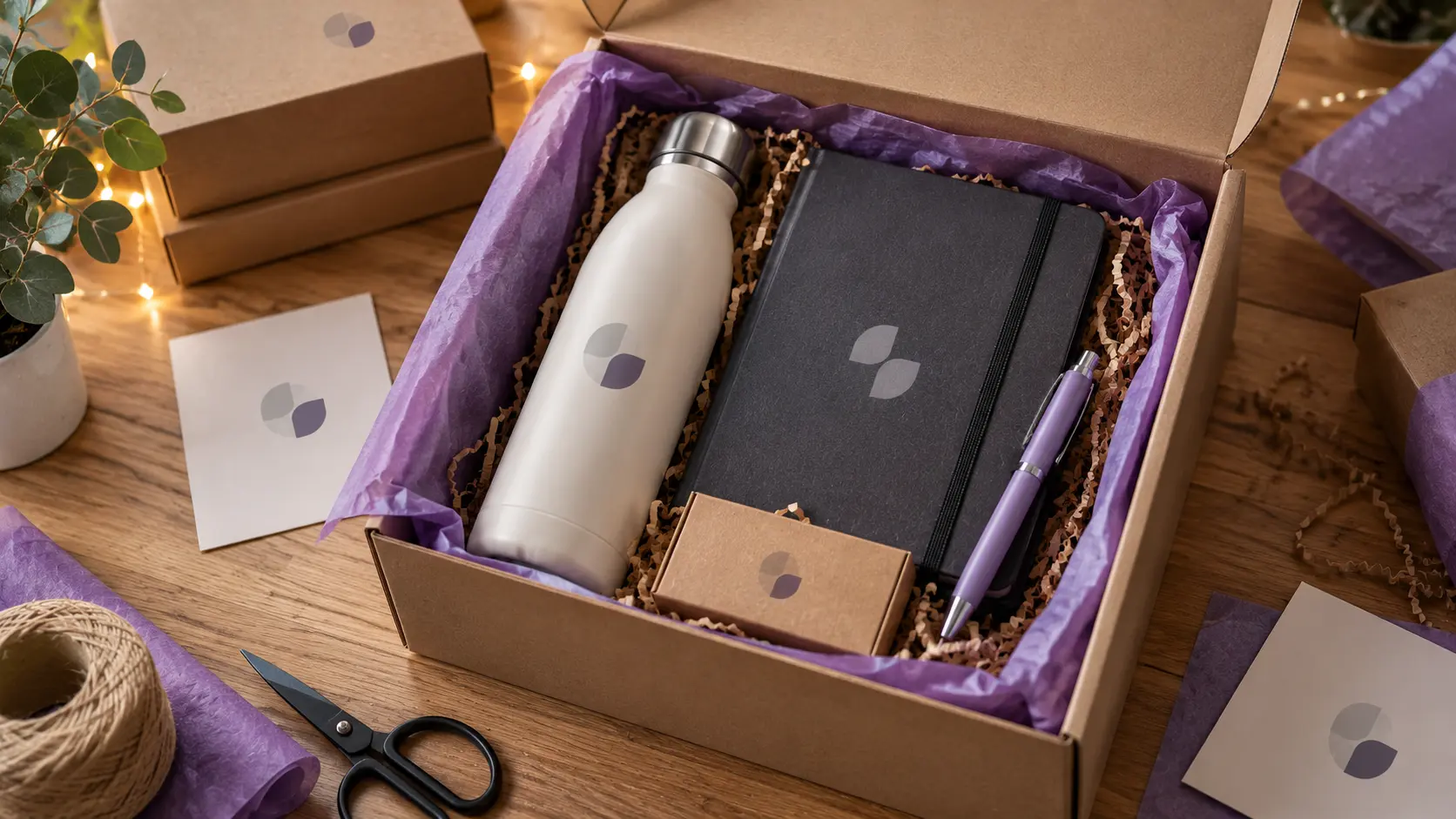 Regalos de empresa personalizados en caja kraft con botella metálica, libreta y bolígrafo con personalización gráfica.
