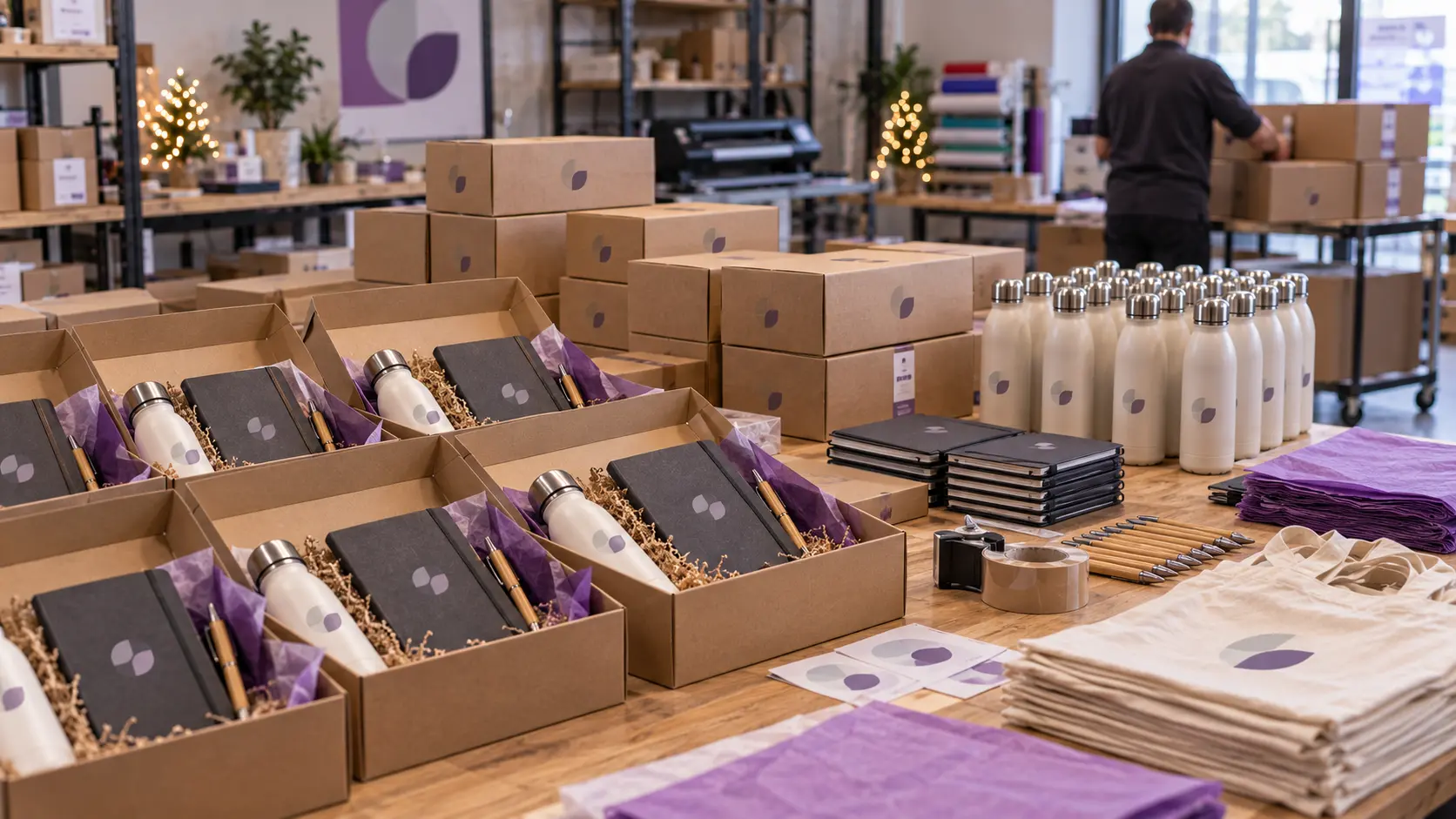 Regalos de empresa personalizados para Navidad con botellas, libretas y bolígrafos preparados y embalados en cajas kraft.
