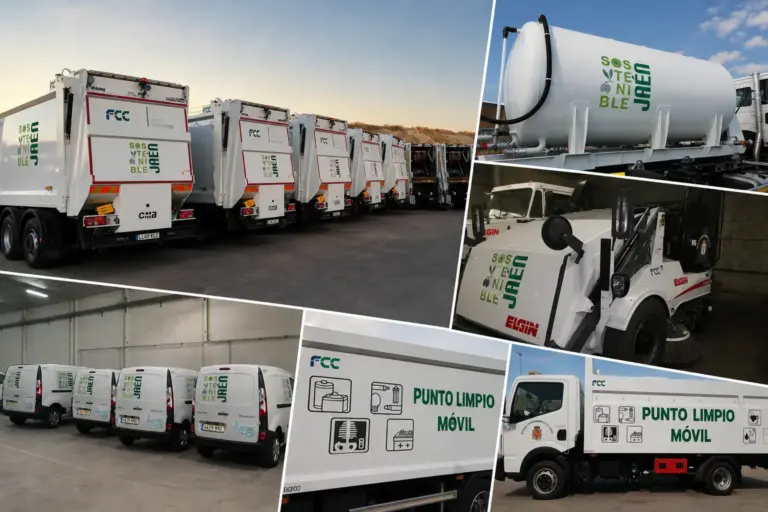 Rotulación de flota de vehículos de FCC con vinilo impreso laminado y vinilo de corte ploteado sobre camiones y furgonetas en Jaén.