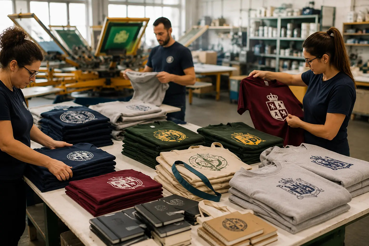 Taller de serigrafía con camisetas, sudaderas y bolsas de tela personalizadas mediante impresión serigráfica sobre textiles y merchandising.