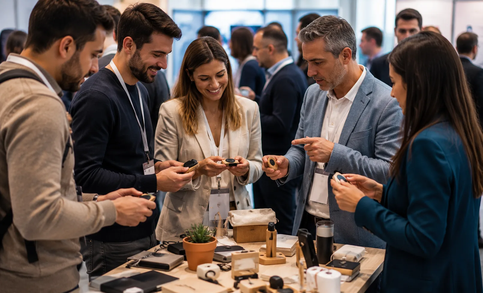 Artículos promocionales originales utilizados por asistentes en una feria profesional para generar interacción, visibilidad de marca y recuerdo del evento.