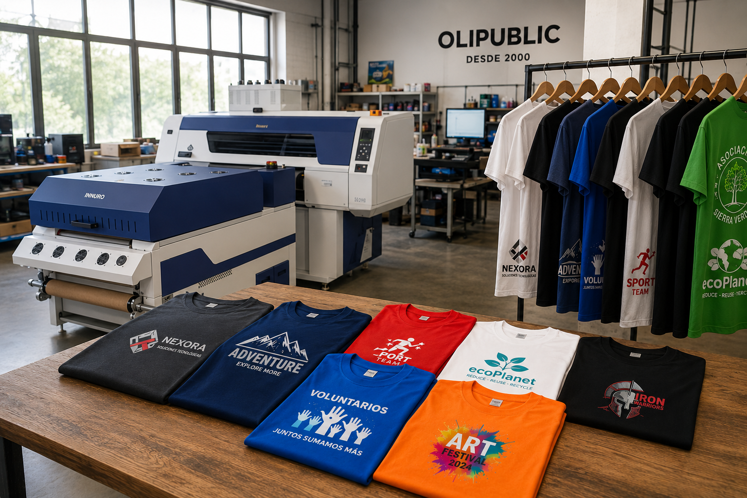 Camisetas de algodon personalizadas con serigrafia textil y diferentes logotipos sobre mesa de trabajo en taller profesional