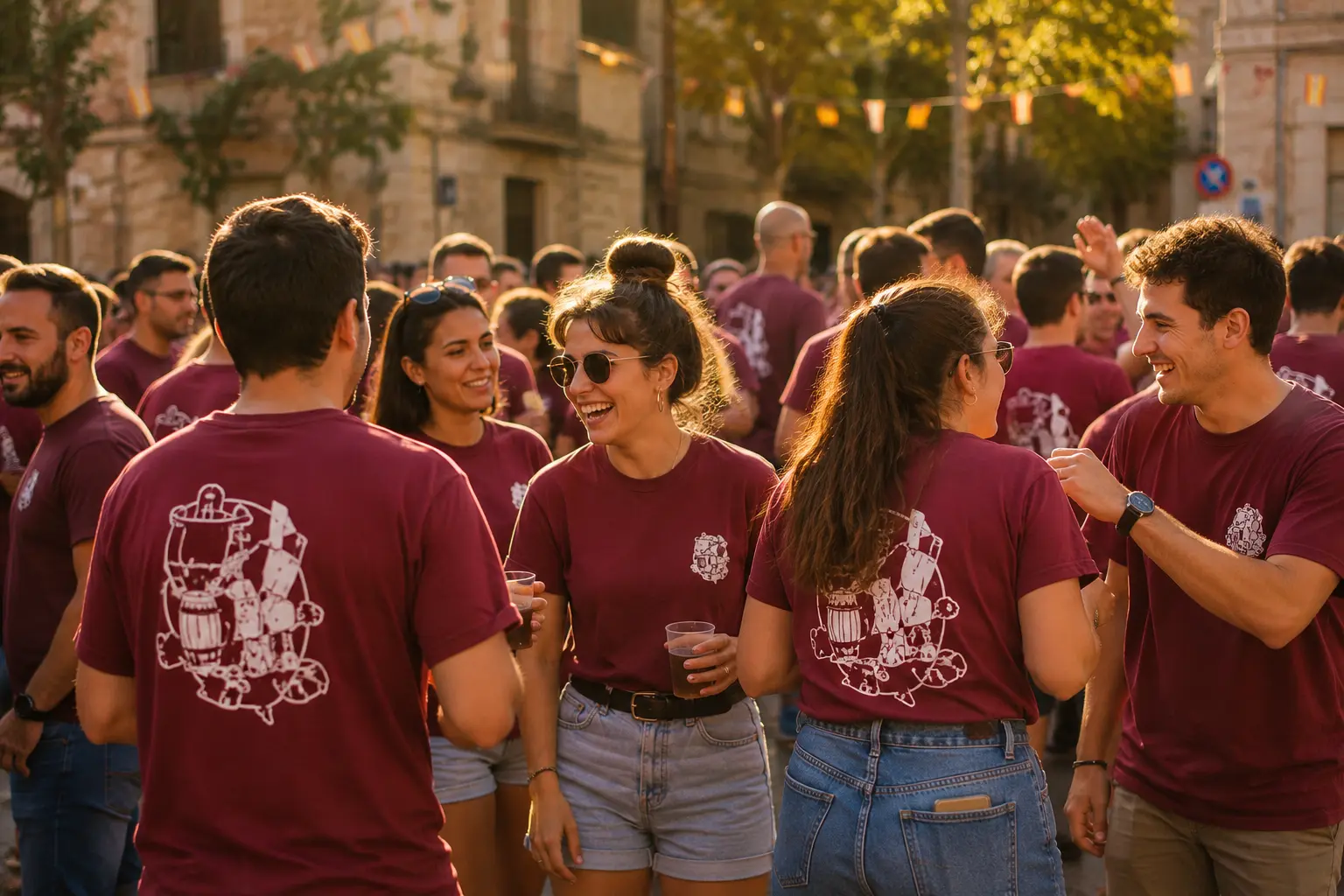 Participantes con camisetas personalizadas mediante serigrafía sobre algodón durante un evento, con impresión resistente y uniforme para pedidos colectivos.