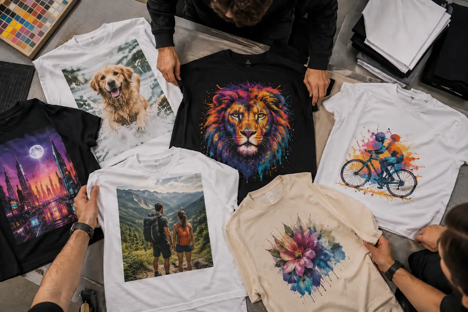 Camisetas de algodón personalizadas con impresión DTF que muestran fotografías, ilustraciones y diseños multicolor con gran nivel de detalle y definición.