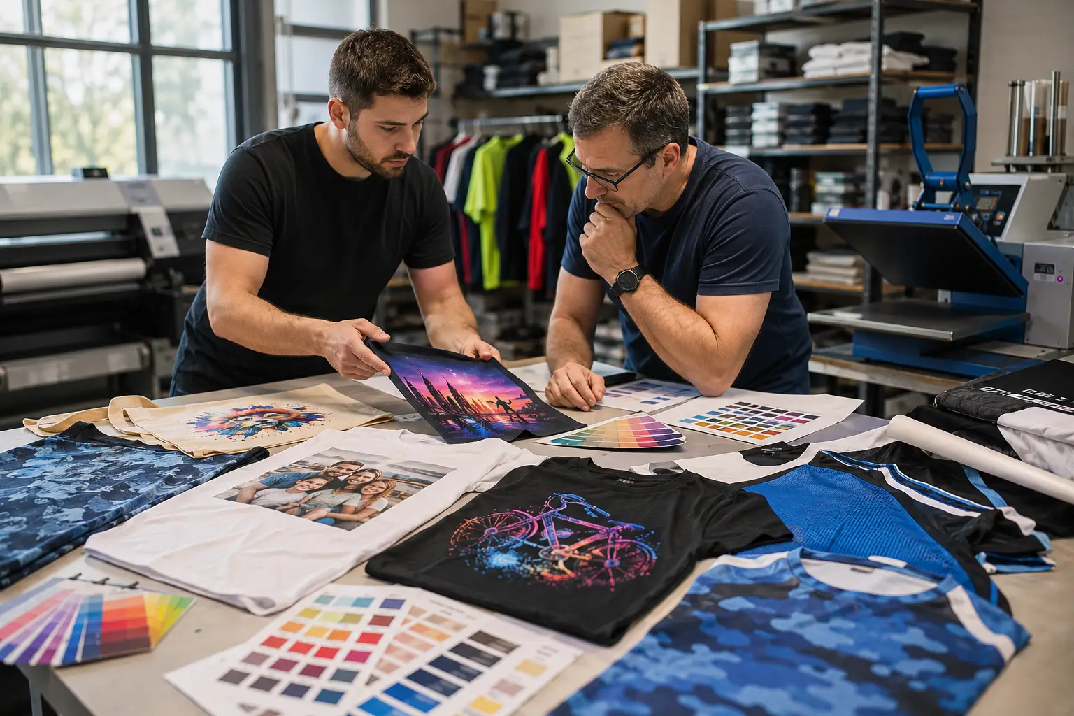Revisión de diseños para impresión DTF en camisetas y prendas textiles con fotografías, ilustraciones y gráficos a todo color de alta definición.