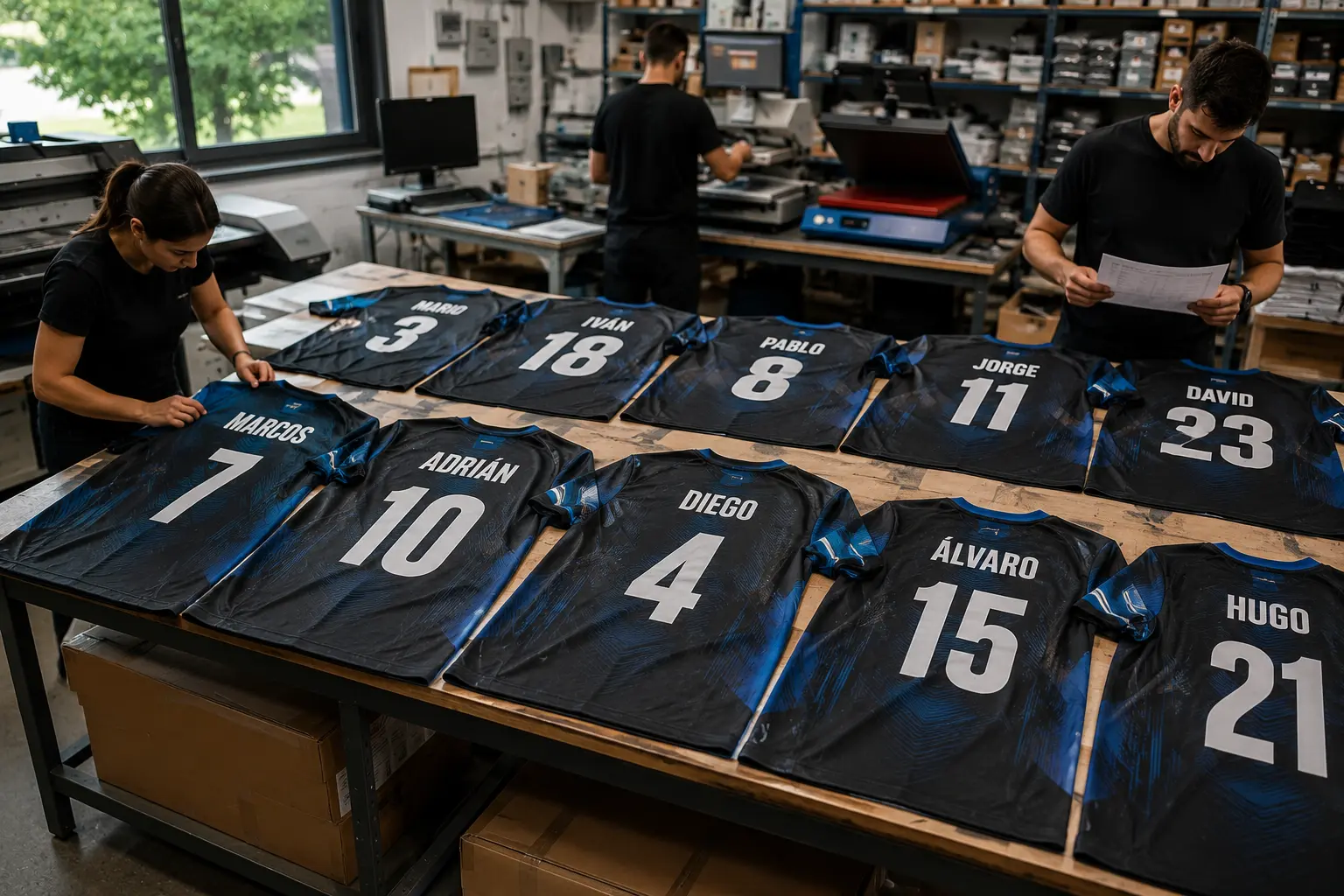 Equipaciones deportivas de poliéster personalizadas mediante impresión DTF con nombres y dorsales individuales para cada jugador de un equipo.