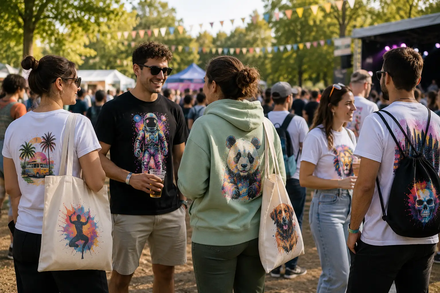 Camisetas, sudaderas y bolsas de tela personalizadas mediante impresión DTF con ilustraciones a todo color para merchandising y eventos promocionales.