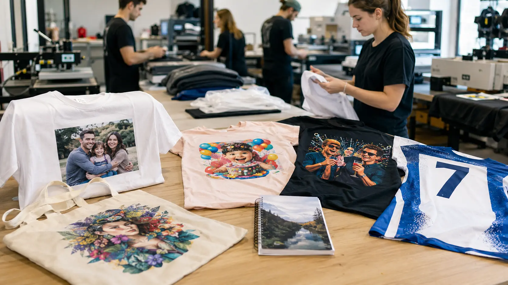 Personalización textil mediante impresión DTF sobre camisetas, tote bags y equipaciones deportivas con diseños fotográficos e ilustraciones a todo color.