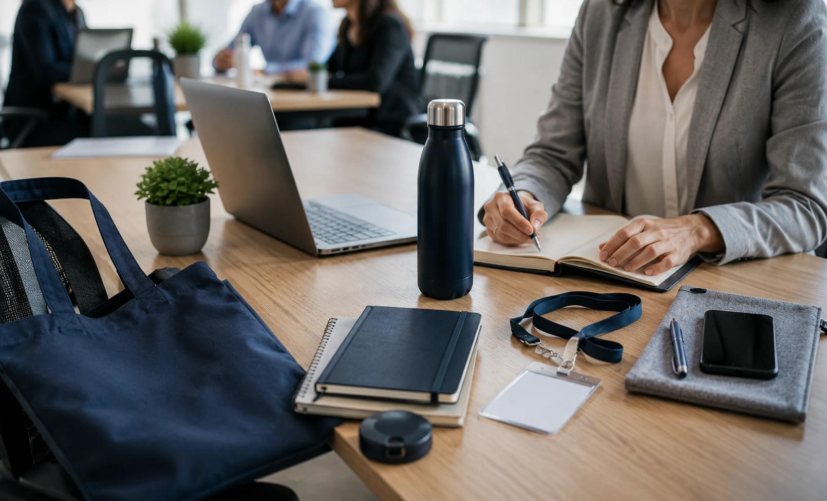 Merchandising para empresas con bolsa reutilizable, libreta, botella y lanyard personalizados utilizados en un entorno profesional de oficina y eventos.