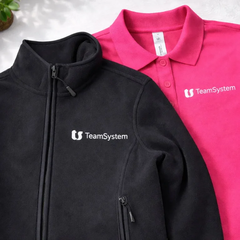 Ropa laboral personalizada con logotipo de TeamSystem aplicada sobre prendas textiles como polo y chaqueta mediante técnica de personalización textil profesional