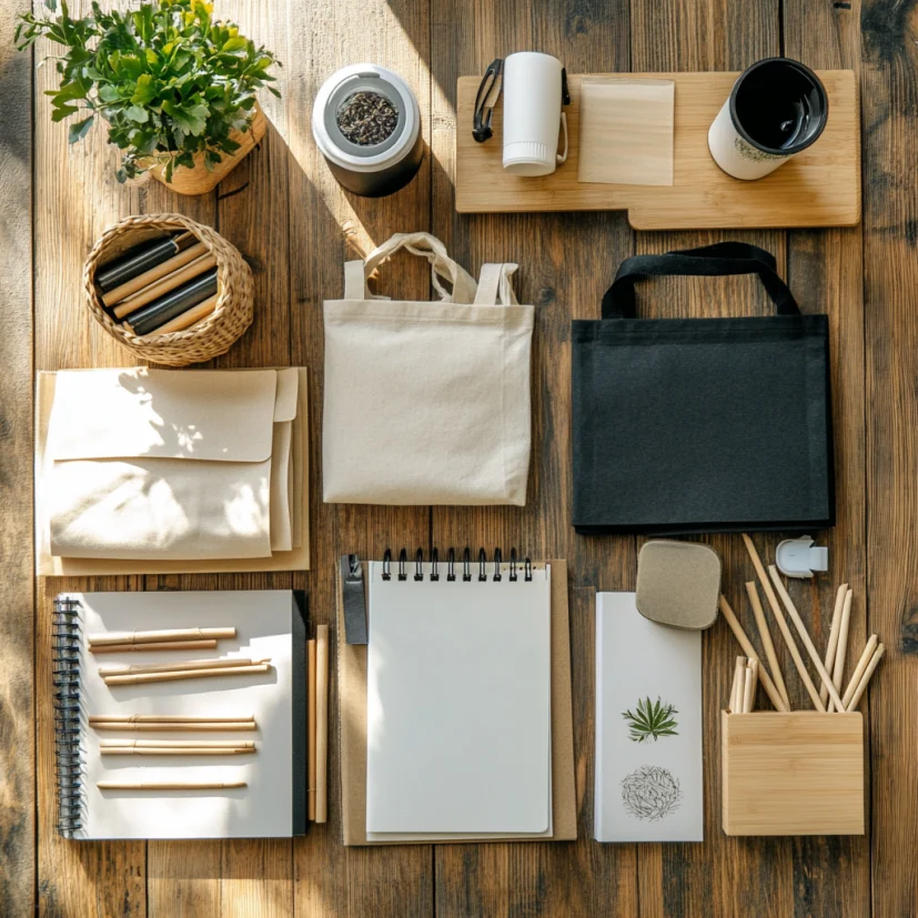 Bolsas de tela, libretas y artículos promocionales preparados para personalización mediante serigrafía con diseños corporativos de uno o pocos colores.