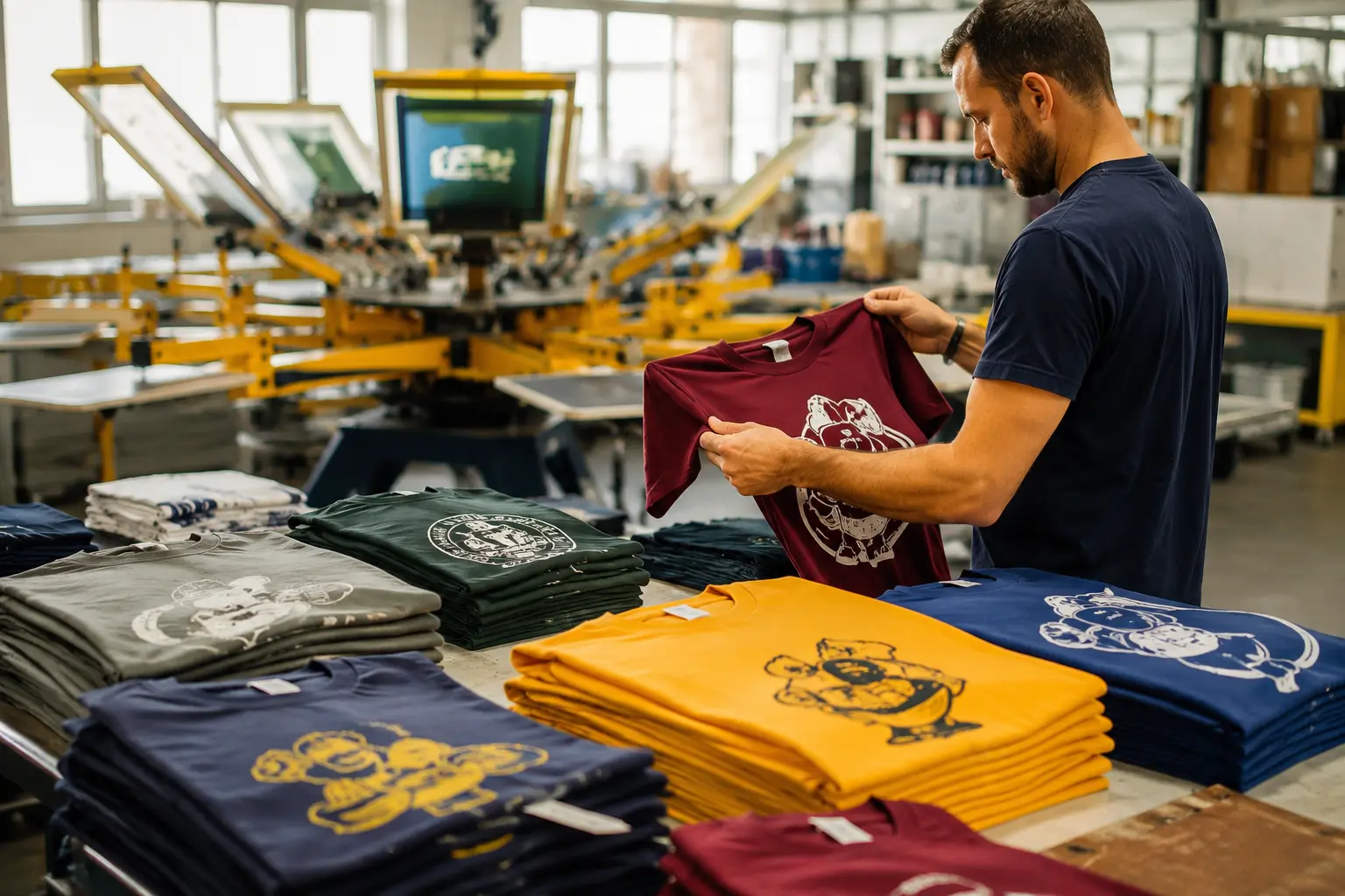 Operario revisando camisetas personalizadas mediante serigrafía sobre tejido de algodón en un taller de impresión textil con acabado profesional.