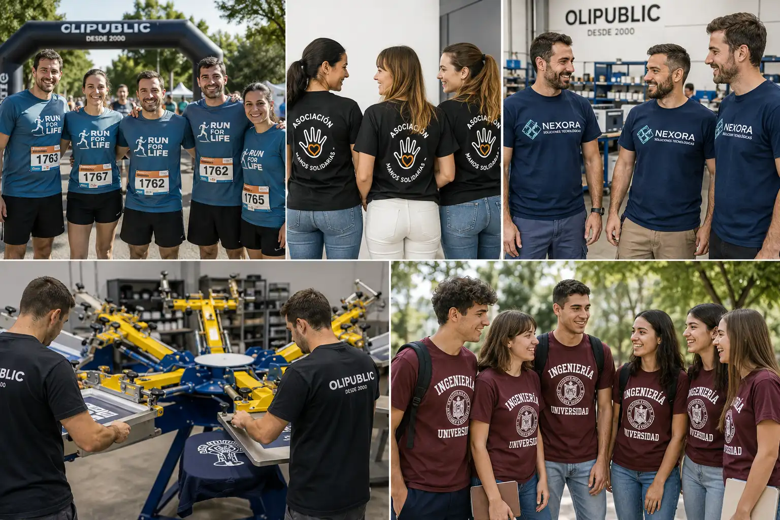 Collage de camisetas personalizadas para eventos deportivos, empresas y universidad con impresion textil y proceso de serigrafia en taller.